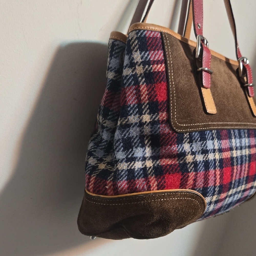 Coach Plaid Tote with Red and Brown Leather - Picture 3 of 16